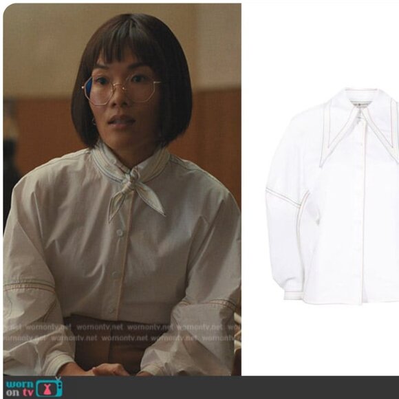 Tory Burch Topstitch Poplin Bow Blouse - Picture 6 of 6